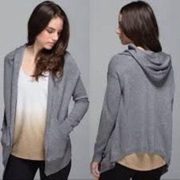 Lululemon Cabin Yogi Heathered Medium Grey Slate Ribbed Hooded Cardigan Cashmere - Picture 1 of 14
